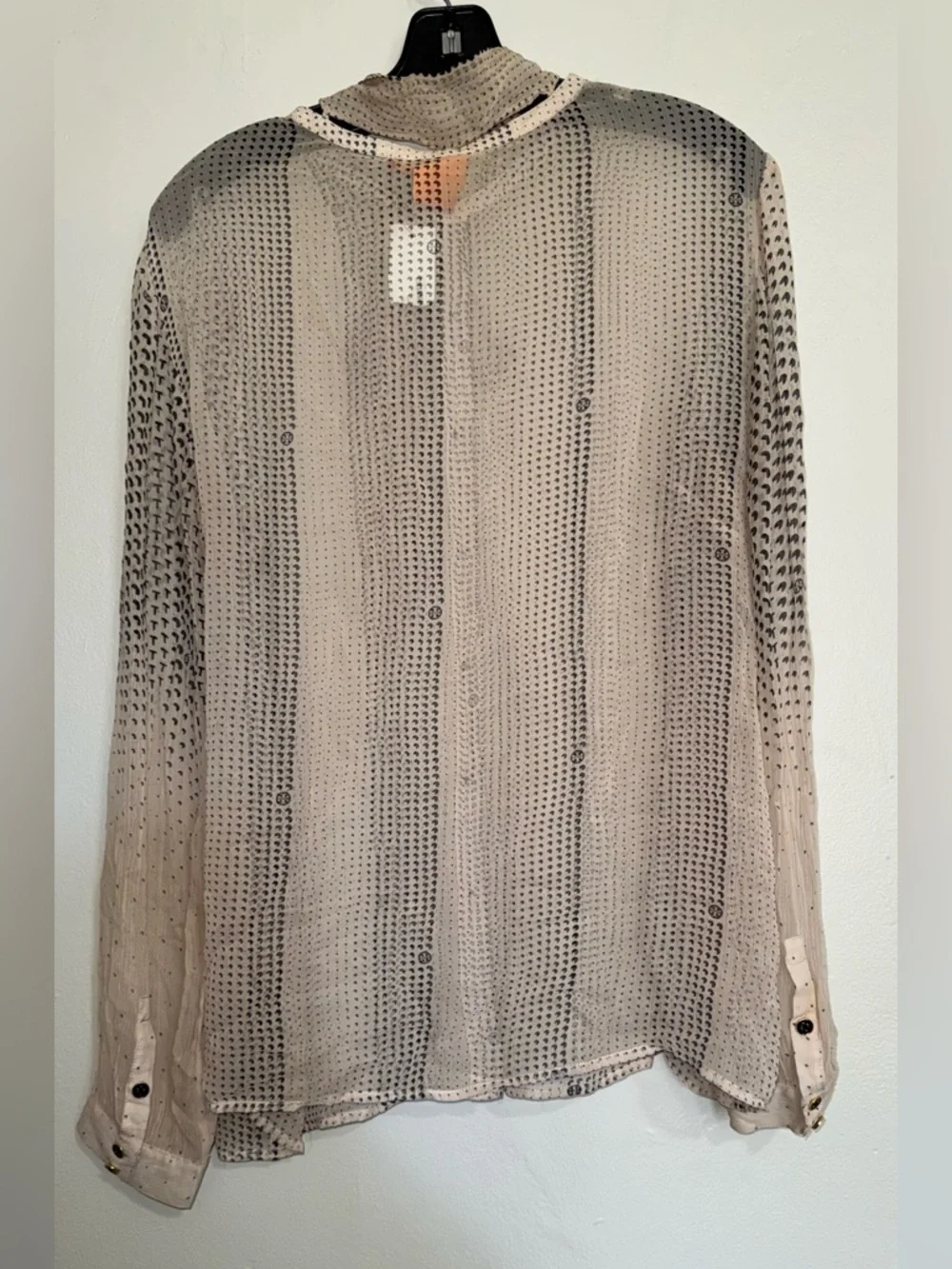 Tory Burch Silk Detachable Scarf Sheer Button-Down in Beige and Black Dot